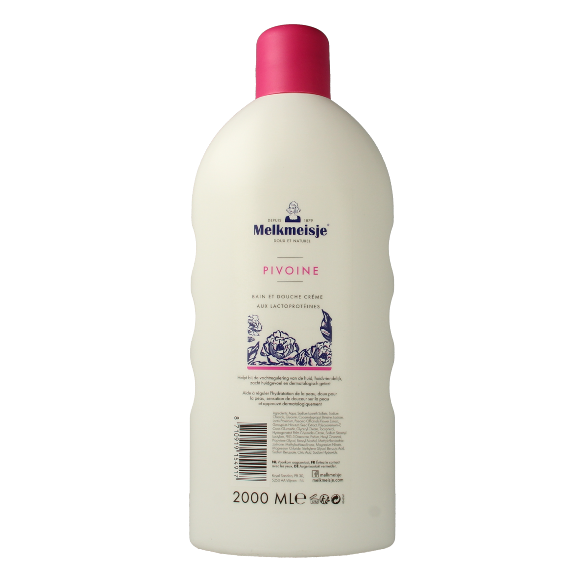 Melkmeisje Bad en Douche pioenroos 2.00 liter bottle with floral label, suitable for bath and shower use.