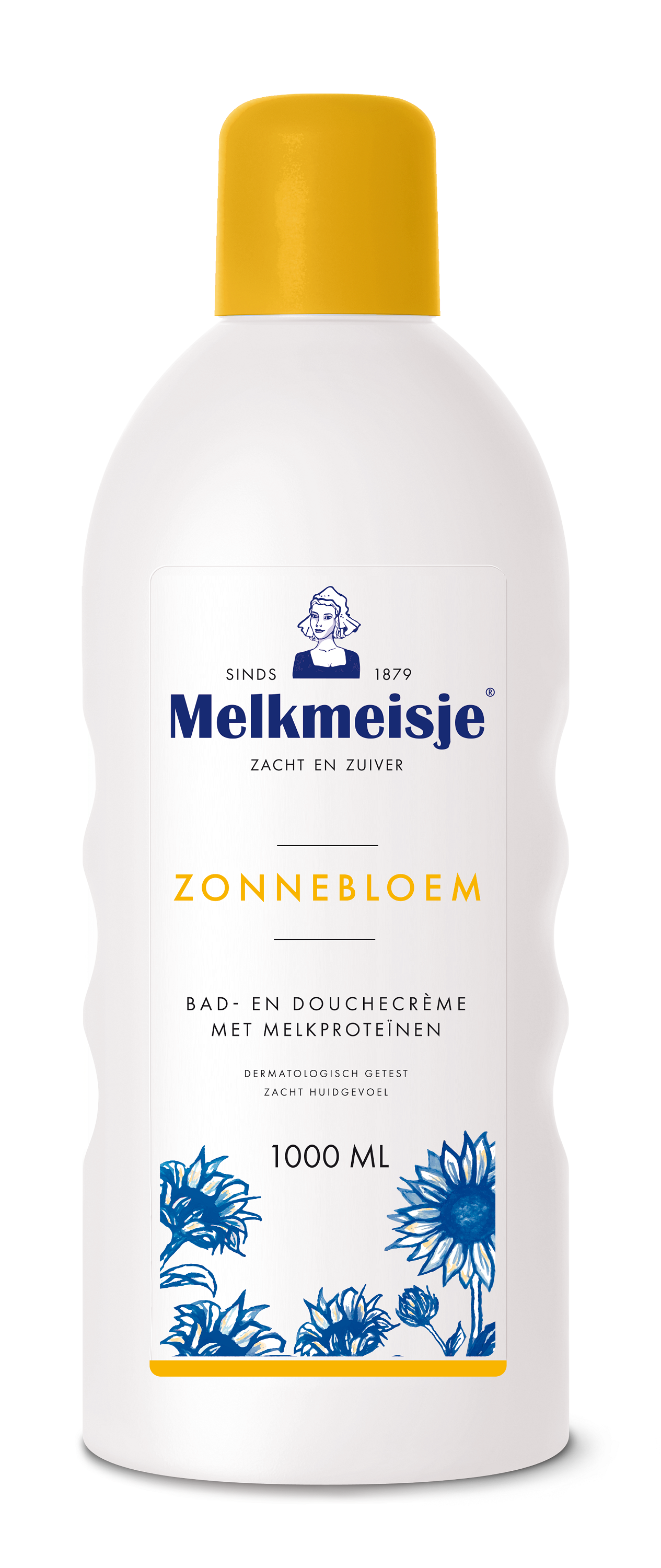 Melkmeisje bad en douche zonnebloem melk 1 liter bottle with sunflower design, suitable for bath and shower use.