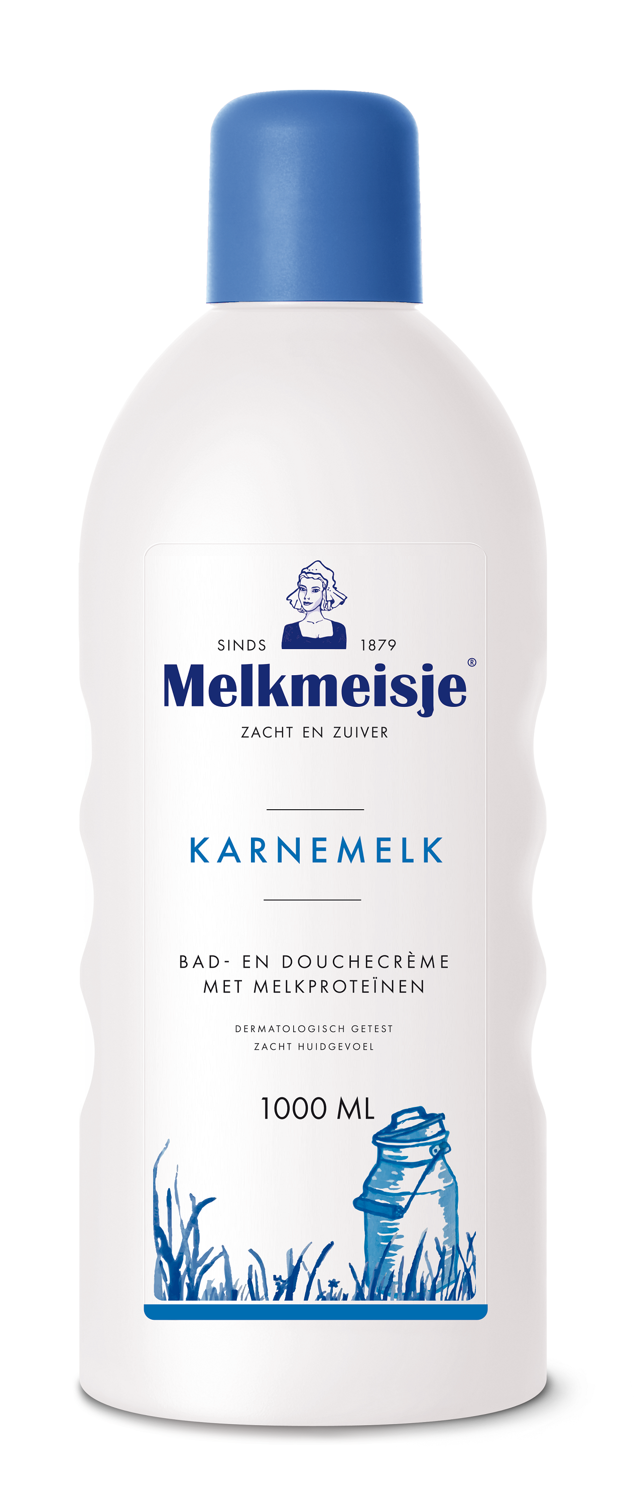 Melkmeisje Bad en Douche karnemelk, 1 liter bottle, moisturizing bath and shower product with a white and blue label