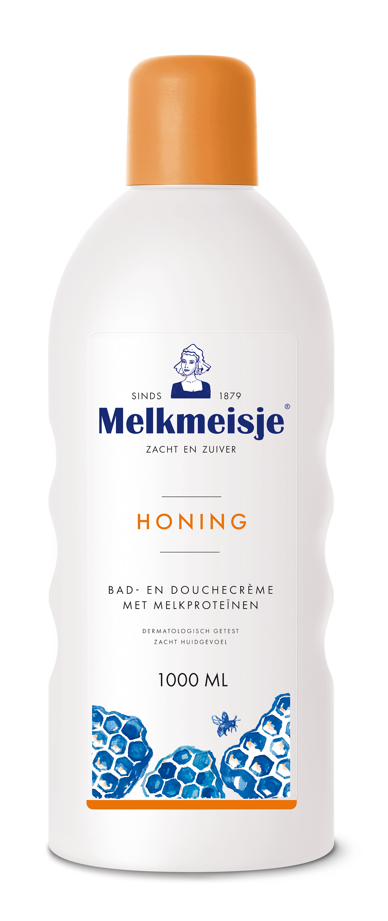 Melkmeisje Bad en Douche honing bottle, 1 liter, featuring a sleek label design for nourishing bath and shower use.