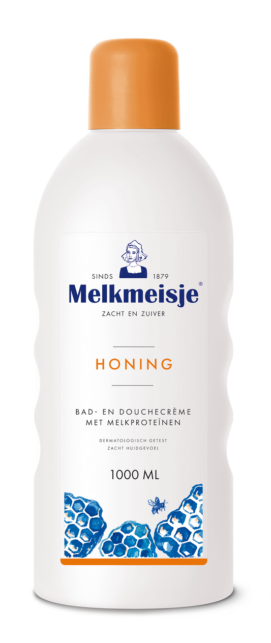 Melkmeisje Bad en Douche honing bottle, 1 liter, featuring a sleek label design for nourishing bath and shower use.