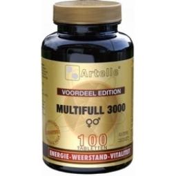 Artelle Multifull 3000 100 multi-vitamin tablets in a clear container, showcasing the supplement packaging.