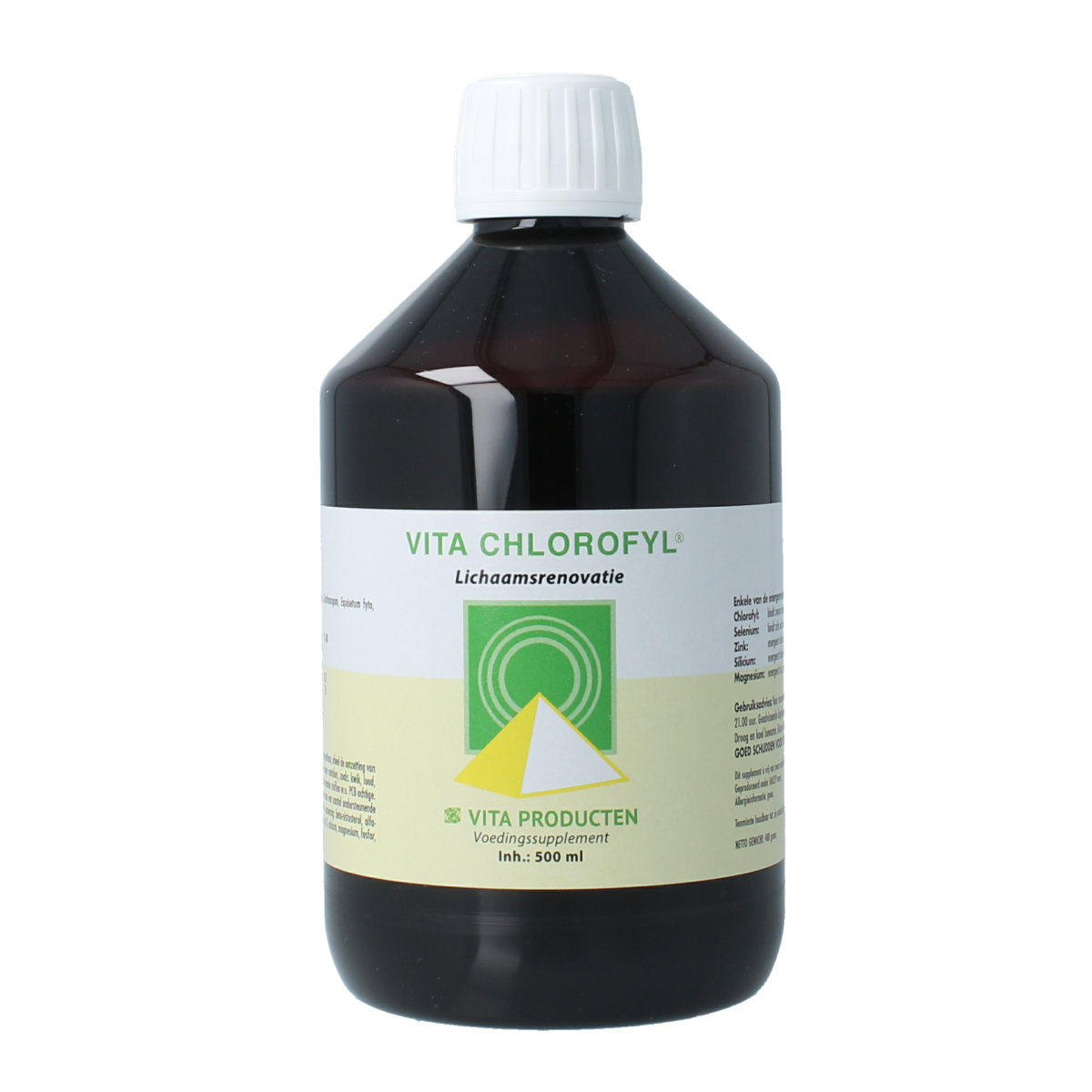 Vita Chlorofyl 500ml herbal supplement bottle from Vita Kruidenpreparaten with green label and cap, featuring plant imagery.