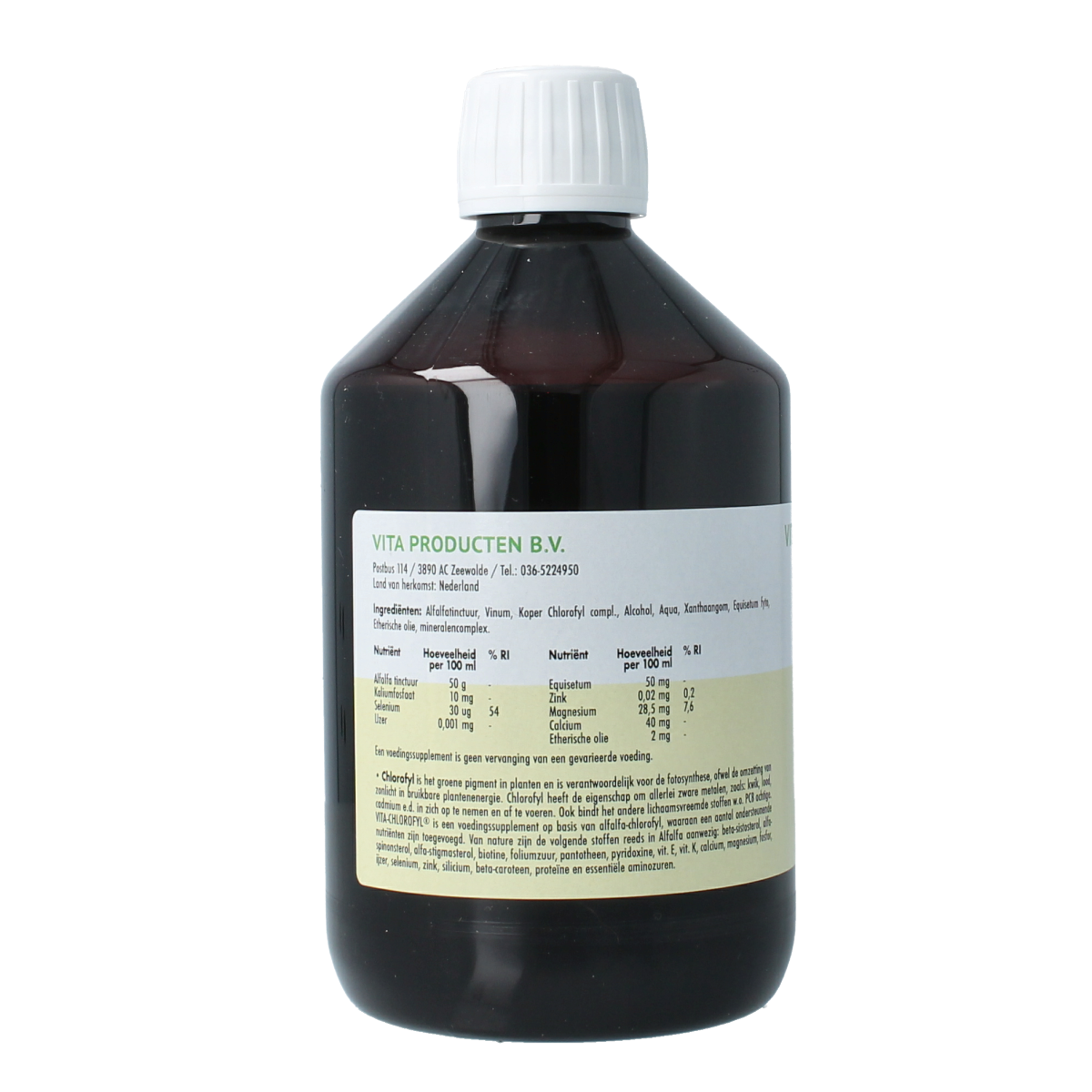 Vita Chlorofyl herbal supplement bottle, 500ml, from Vita Kruidenpreparaten, with green liquid inside and label details.