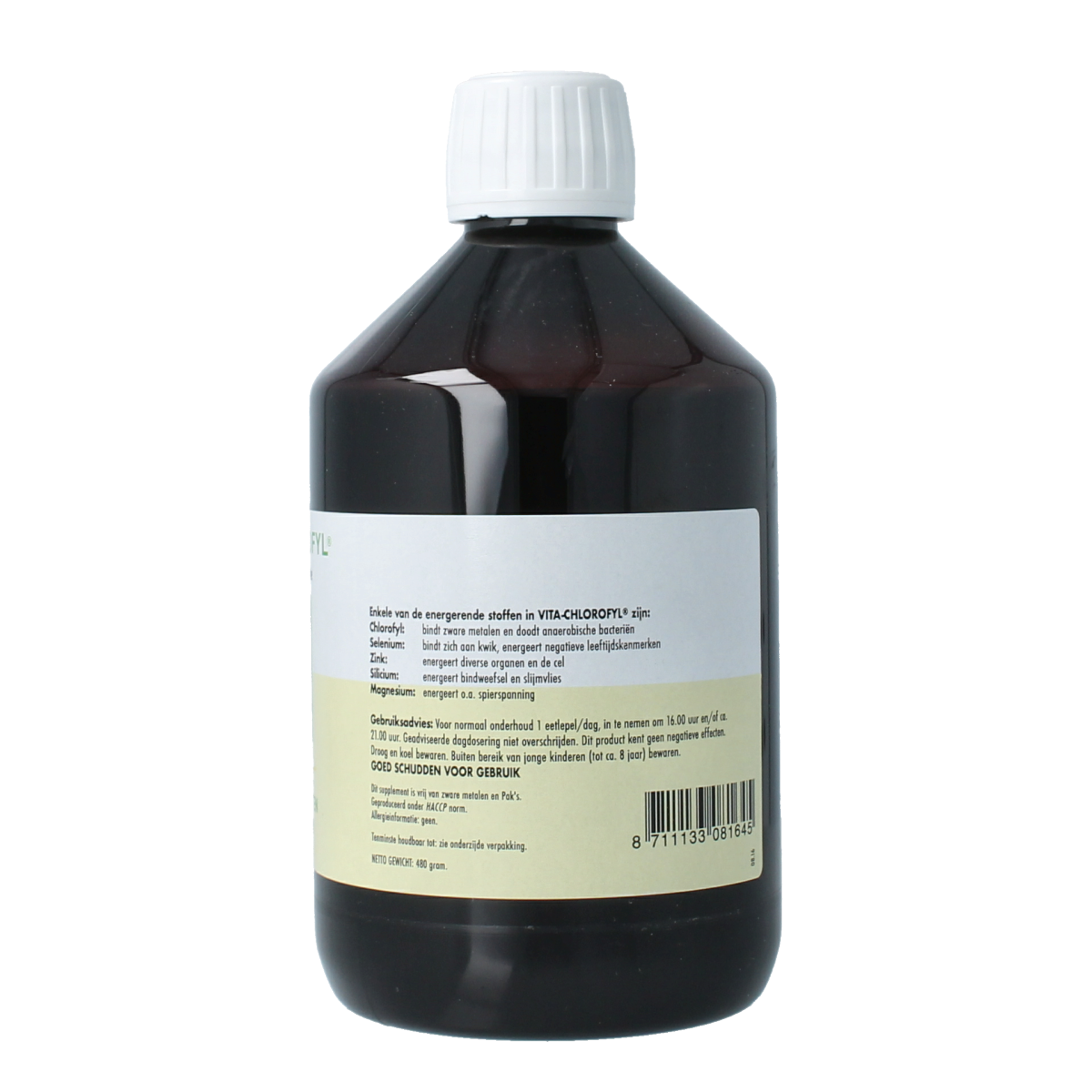 Vita Chlorofyl herbal supplement in 500ml bottle, part of Vita kruidenpreparaten line, with green liquid visible in the bottle.