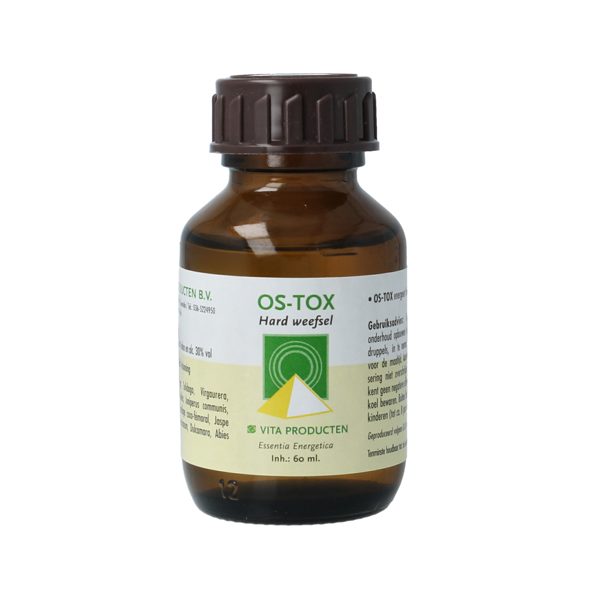 Vita Kruidenpreparaten Vita Os tox 60ml bottle with herbal supplement label and transparent cap on a white background.