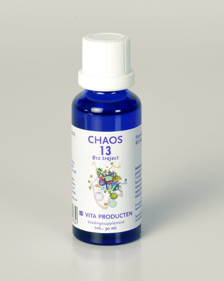 Vita Chaos 13 B12 Kruidenpreparaten in 30ml bottle, showing herbal supplement with dropper cap and product label.