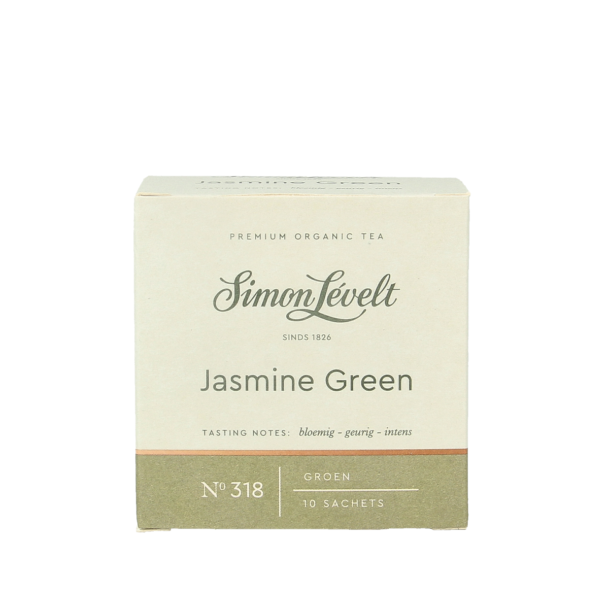 Simon Levelt organic jasmine green tea bags, 10-pack, featuring fresh green tea infused with fragrant jasmine blossoms.
