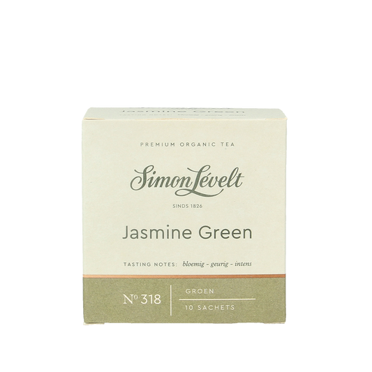 Simon Levelt organic jasmine green tea bags, 10-pack, featuring fresh green tea infused with fragrant jasmine blossoms.