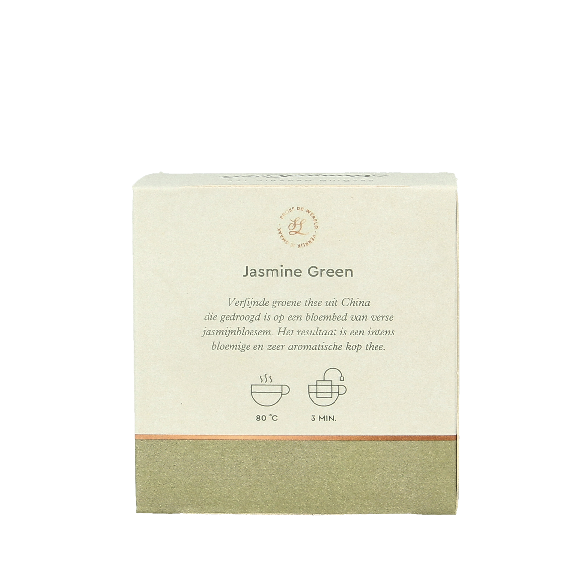 Simon Levelt organic green jasmine tea in a 10-gram tea bag, showcasing fresh green tea leaves and jasmine blossoms.