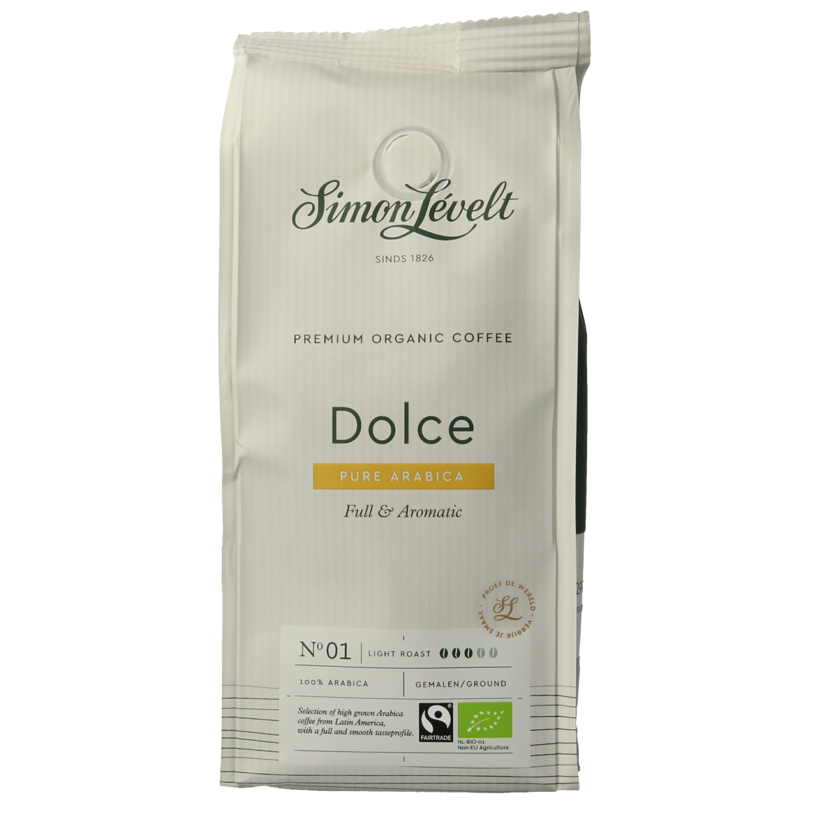 Simon Levelt organic sweet filter coffee in 250g bag, premium coffee beans for brewing rich, flavorful coffee.
