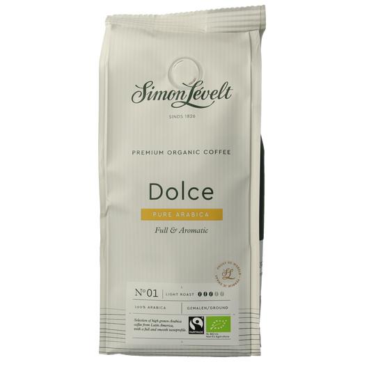 Simon Levelt organic sweet filter coffee in 250g bag, premium coffee beans for brewing rich, flavorful coffee.