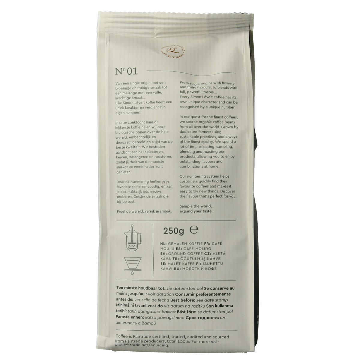 Simon Levelt Café Organico Dolce single-serve coffee filter pack, 250g, featuring organic, aromatic coffee beans.