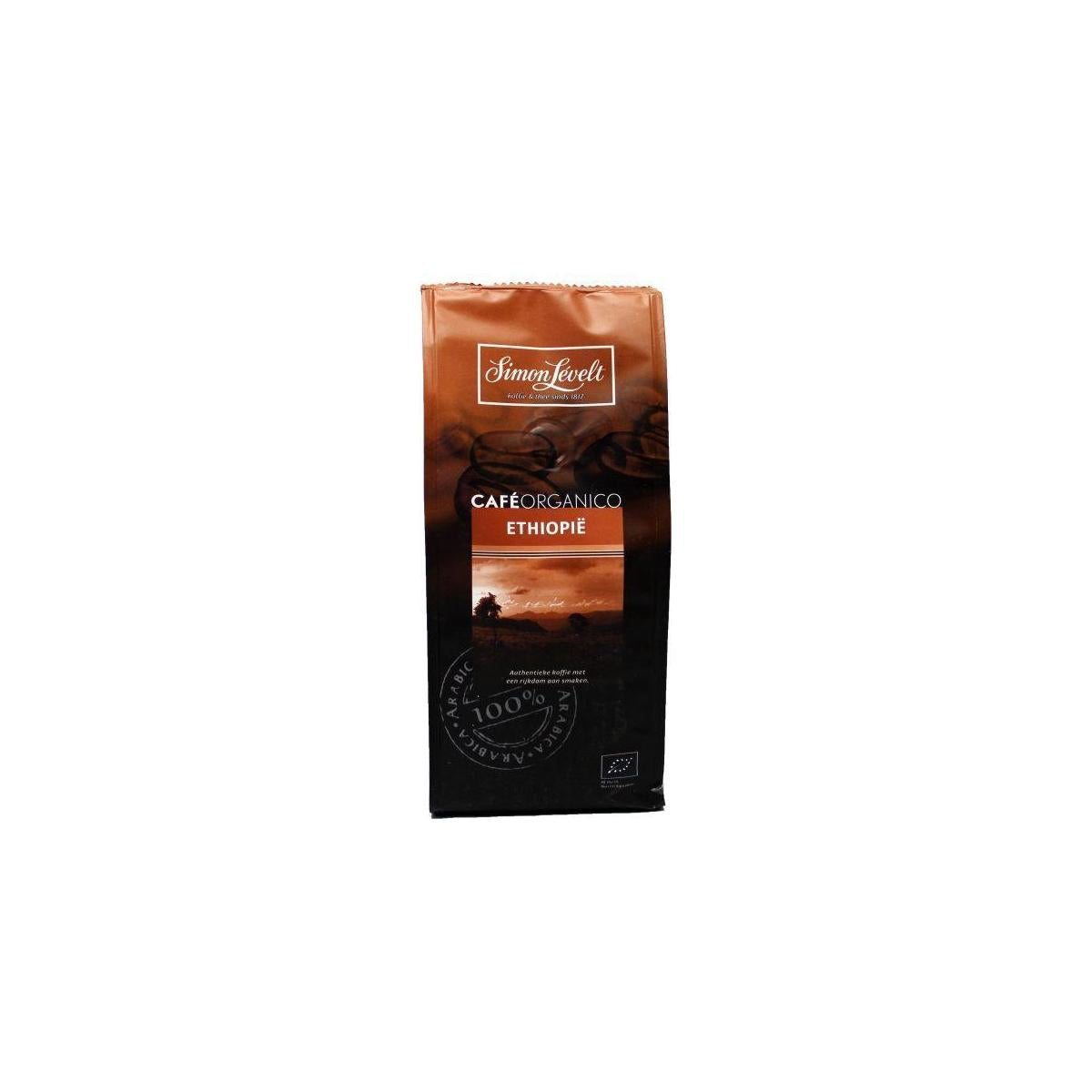 Organic Ethiopian coffee from Simon Levelt, 250g bag, with coffee beans visible in the image.