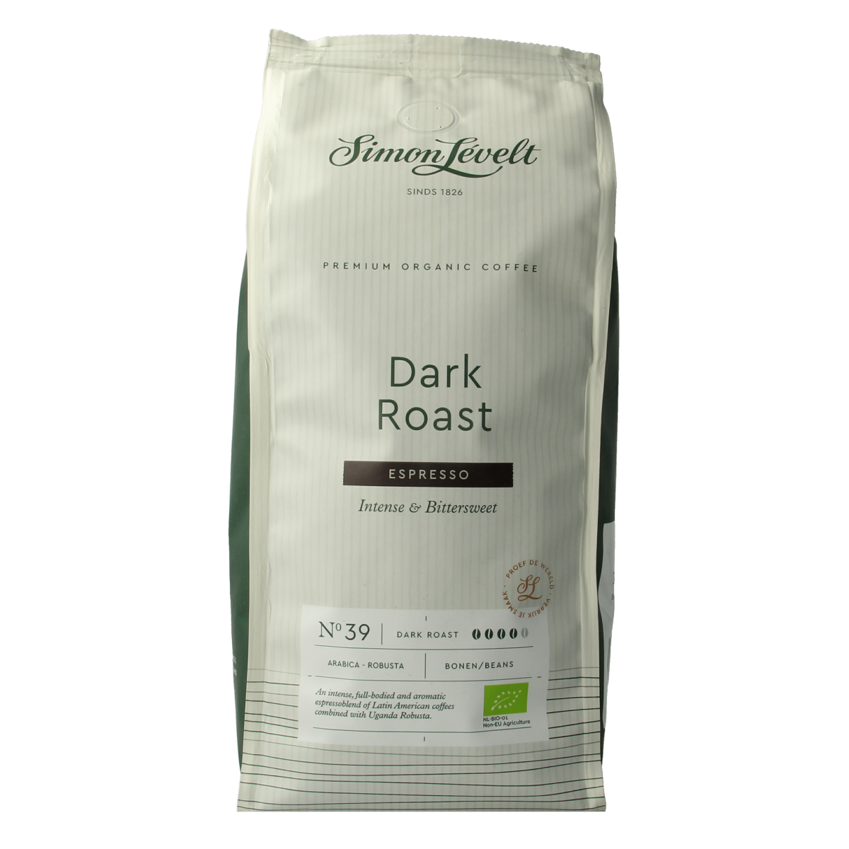 Simon Levelt Cafe N39 dark roast espresso coffee in 500g bio packaging, premium Koffie en Thee blend with rich flavor.