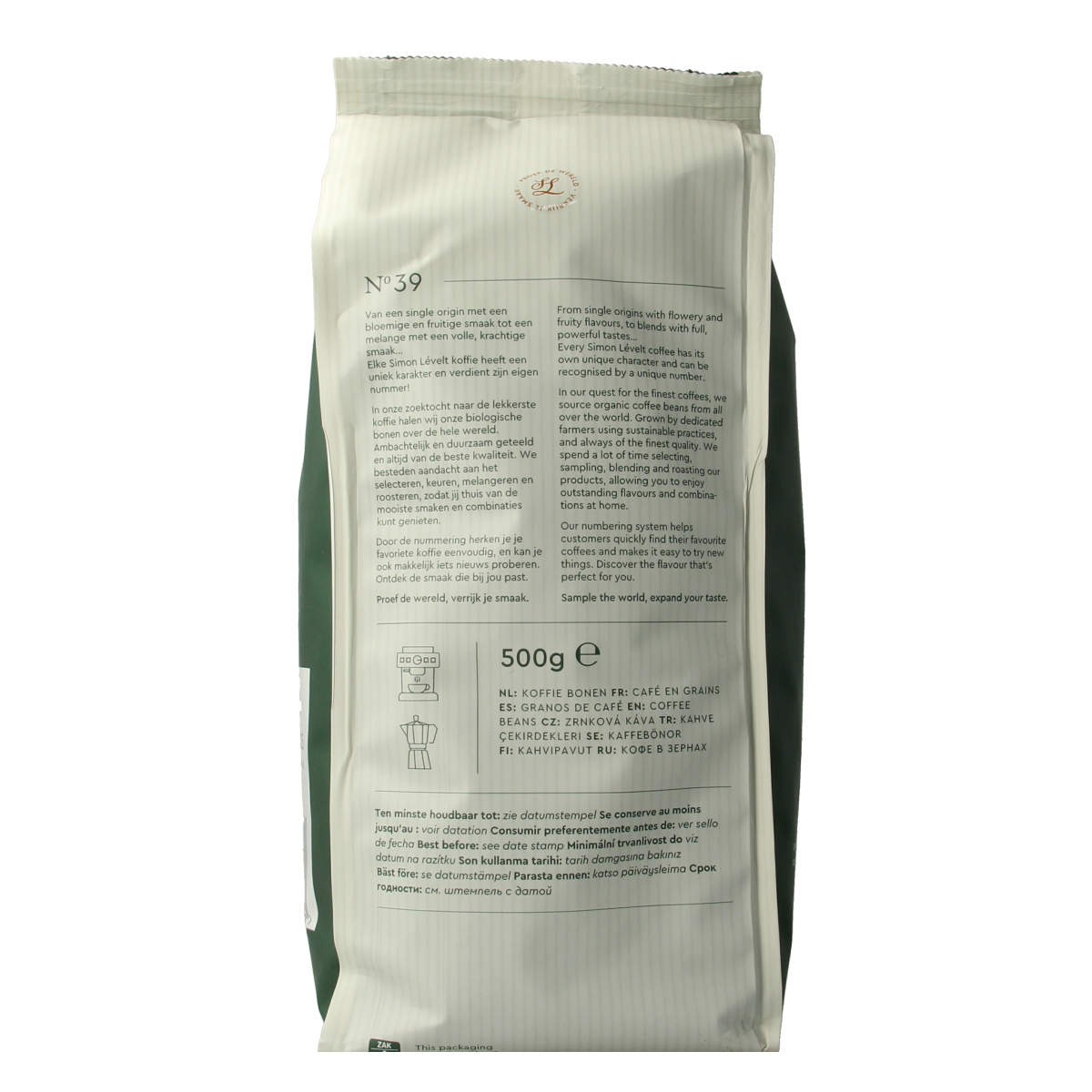 Simon Levelt Cafe N39 dark roast bio espresso coffee in 500g bag, perfect for rich, aromatic brewing.