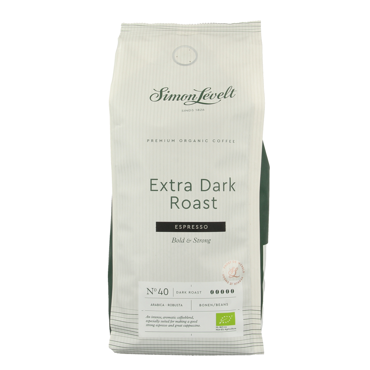 Simon Levelt Cafe N40 dark roast bio espresso coffee 500g, premium coffee bean package with rich aroma and deep flavor.