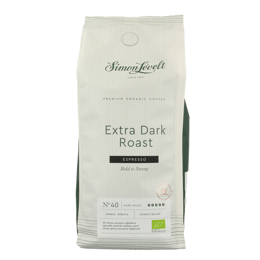 Simon Levelt Cafe N40 dark roast bio espresso coffee 500g, premium coffee bean package with rich aroma and deep flavor.