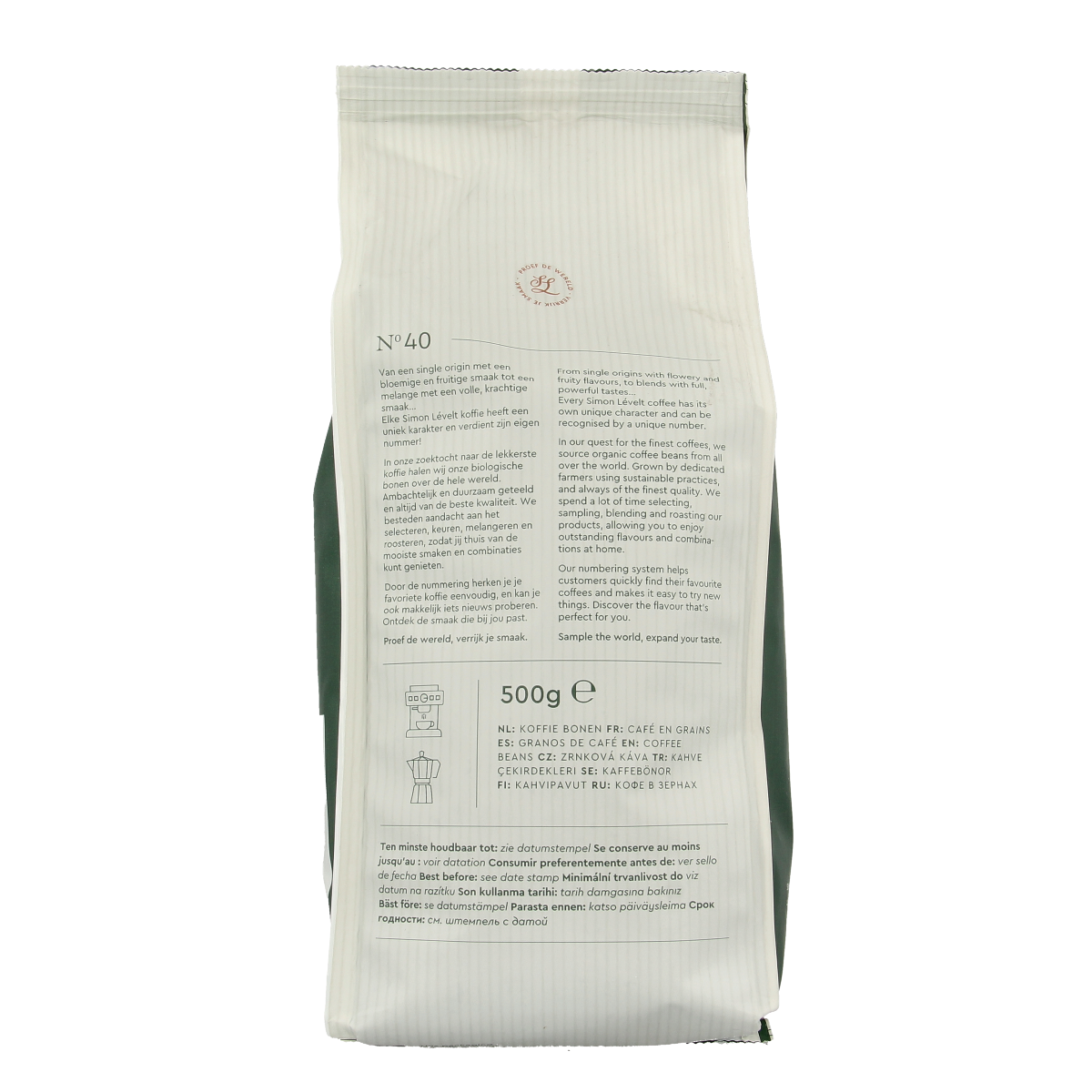Simon Levelt Cafe N40 espresso extra dark roast bio coffee in a 500g bag, premium organic coffee from Simon Levelt.