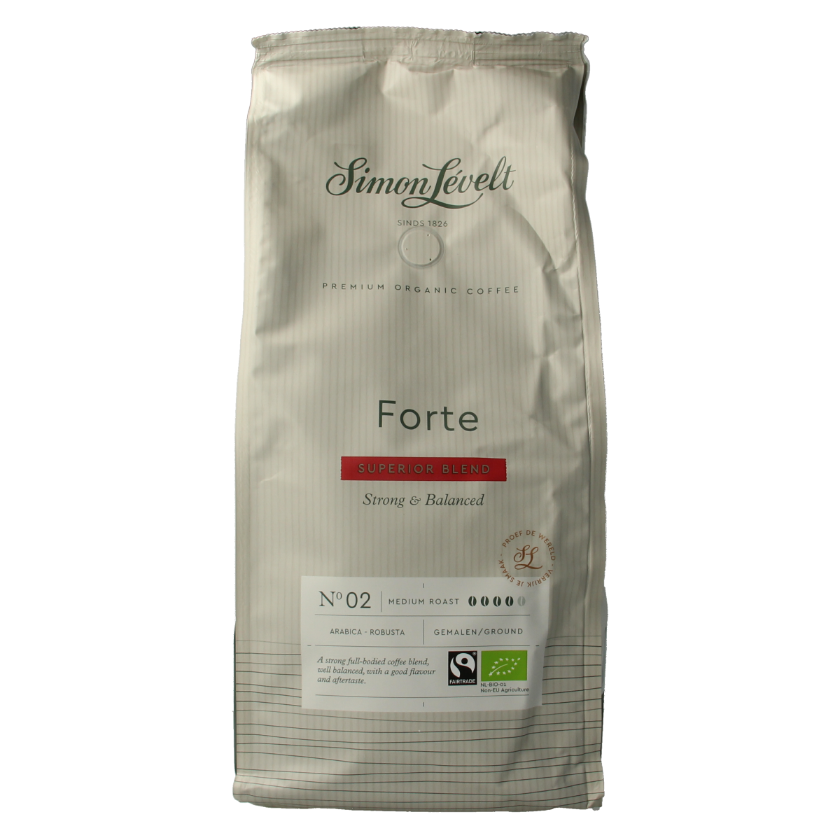 Simon Levelt Forte superior blend organic ground coffee in 1kg bag, showcasing rich coffee grounds and packaging.
