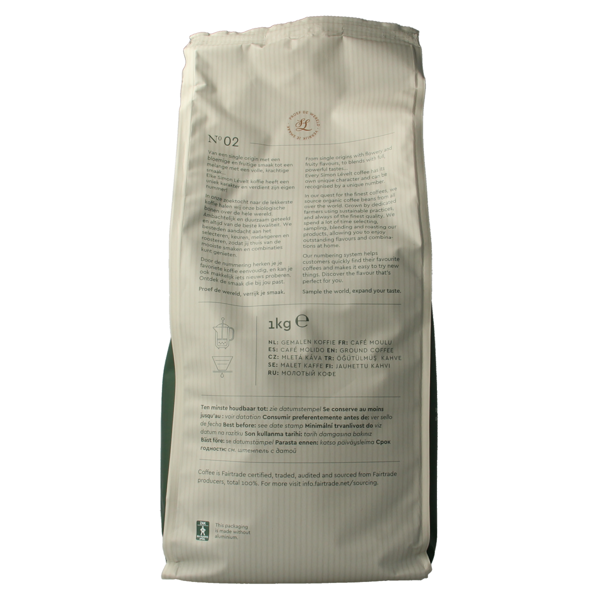 Simon Levelt Forte superior blend organic ground coffee in a 1kg package, premium coffee and tea product.