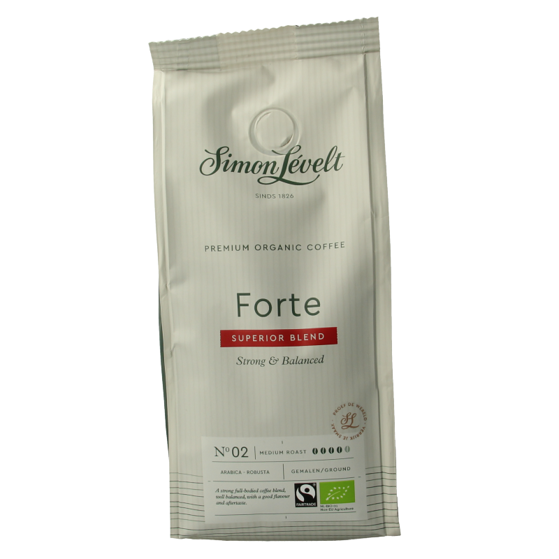 Simon Levelt Cafe Organico Forte Snelfilter bio coffee in 250g package, showcasing fresh coffee beans and eco-friendly packaging.