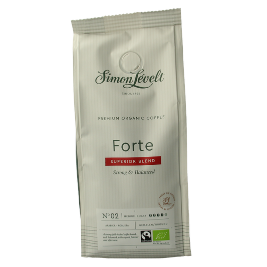 Simon Levelt Cafe Organico Forte Snelfilter bio coffee in 250g package, showcasing fresh coffee beans and eco-friendly packaging.