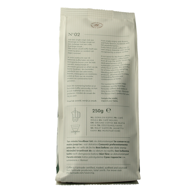 Organic Simon Levelt Cafe Forte Snelfilter coffee in 250g package, showcasing the coffee beans and packaging design.
