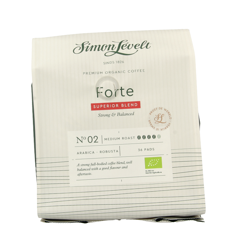 Simon Levelt Cafe pads forte superior blend bio, 36 coffee pads in a package, for rich organic coffee brewing.