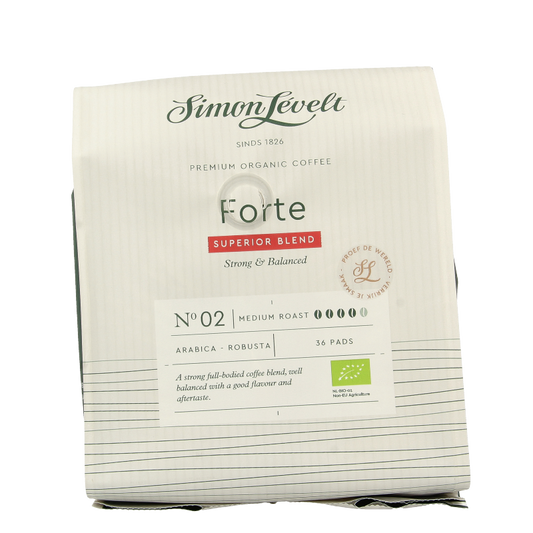 Simon Levelt Cafe pads forte superior blend bio, 36 coffee pads in a package, for rich organic coffee brewing.