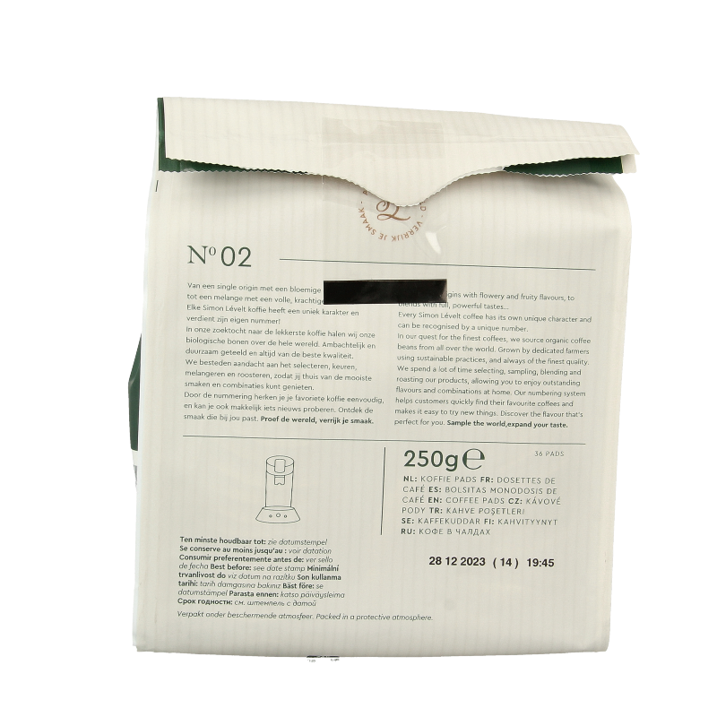 Simon Levelt Cafe Pads Forte Superior Blend Bio, 36 coffee pads in a box, ideal for brewing rich, organic coffee.