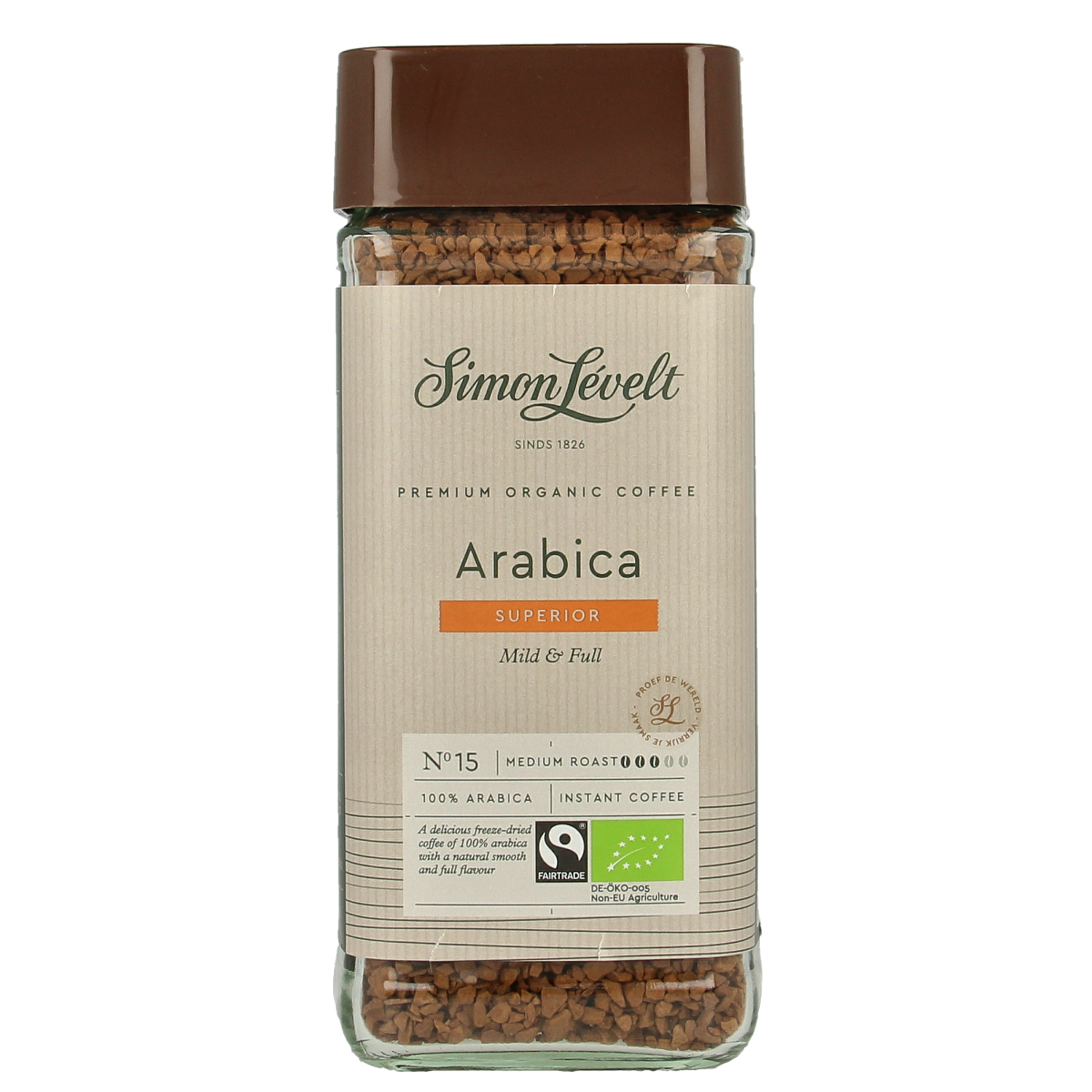 Simon Levelt Cafe Organico Arabica instant coffee in a 100g package, showcasing the coffee jar with label and product details.