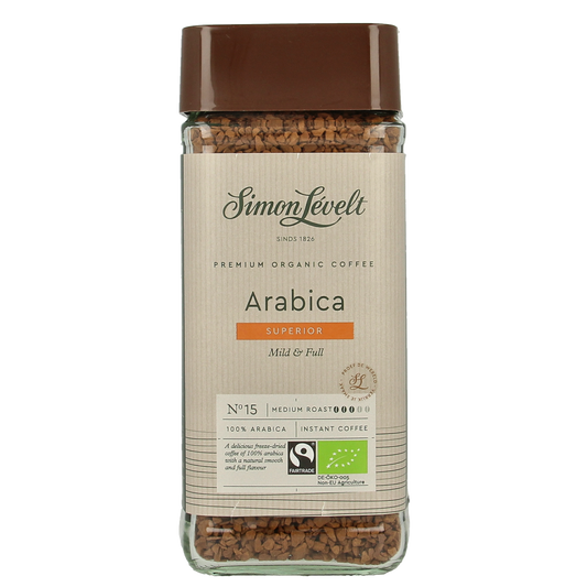 Simon Levelt Cafe Organico Arabica instant coffee in a 100g package, showcasing the coffee jar with label and product details.