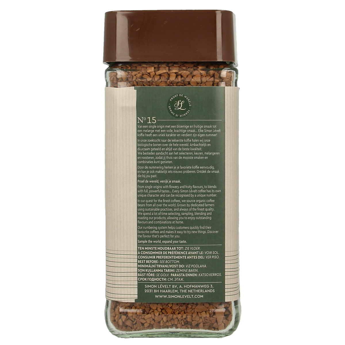 Simon Levelt Cafe Organico Arabica instant coffee in a 100g package, premium organic coffee from the Koffie en Thee collection.