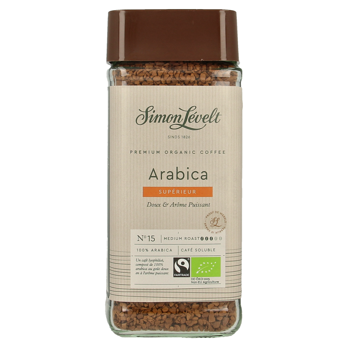 Simon Levelt Cafe Organico Arabica instant coffee in 100g package, organic coffee product from Simon Levelt's Koffie en Thee collection.
