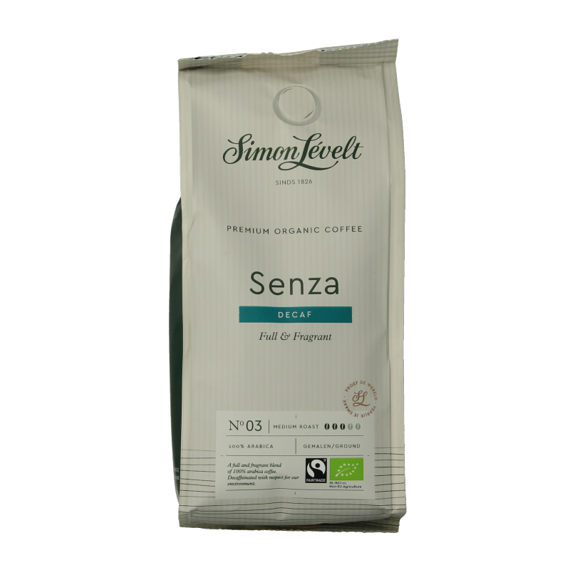 Organic Simon Levelt decaf coffee 250g in a resealable bag, showcasing fresh roasted beans and eco-friendly packaging.