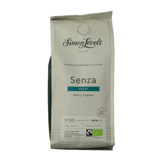 Organic Simon Levelt decaf coffee 250g in a resealable bag, showcasing fresh roasted beans and eco-friendly packaging.