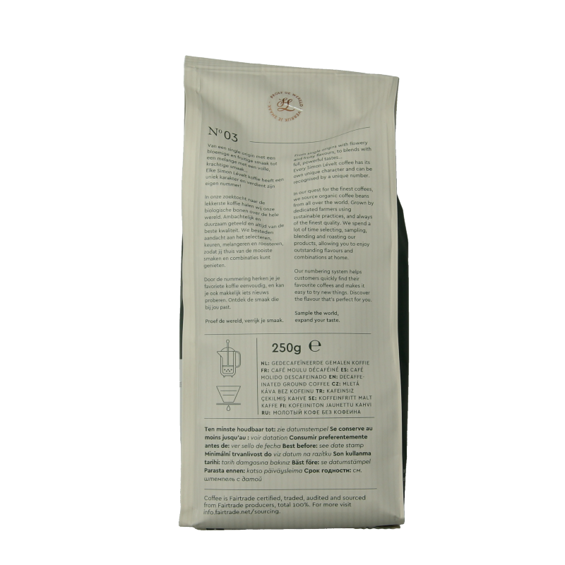 Organic Simon Levelt coffee and tea package, 250g, featuring a clean design with coffee beans and tea leaves on the label.