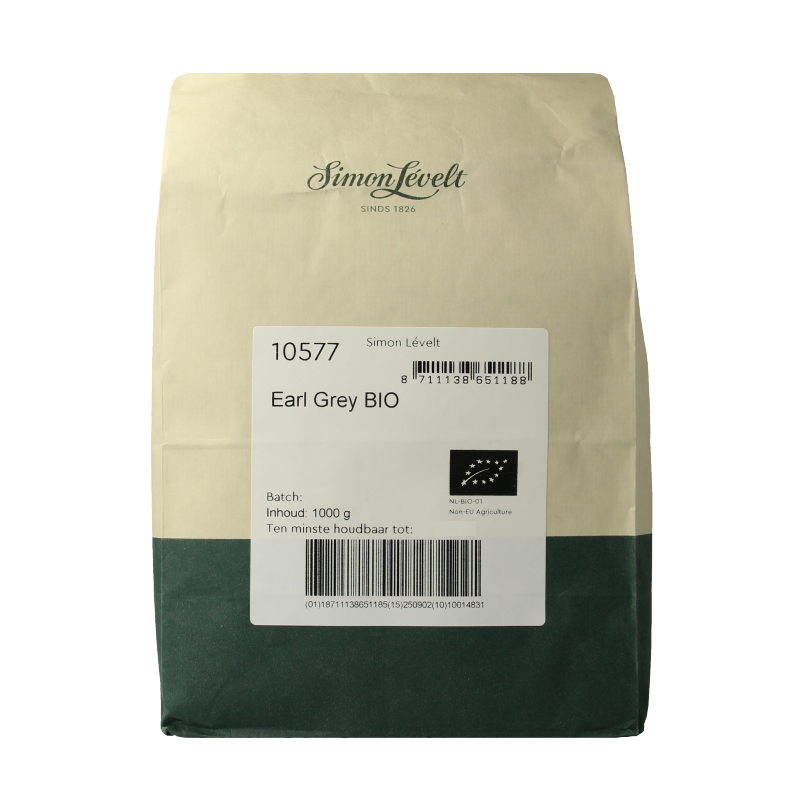 Simon Levelt Earl Grey bio tea in a 1kg package, showcasing the tea packaging with the brand logo and product details.