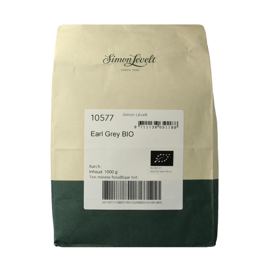 Simon Levelt Earl Grey bio tea in a 1kg package, showcasing the tea packaging with the brand logo and product details.