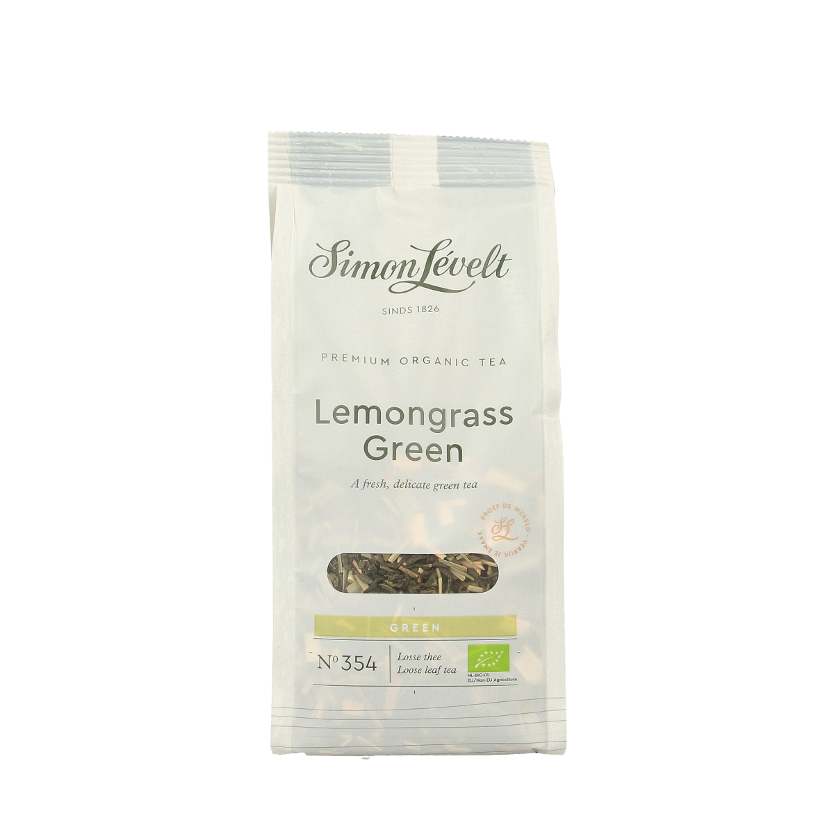 Simon Levelt organic lemongrass green tea in a 90g package, featuring fresh lemongrass and green tea leaves.
