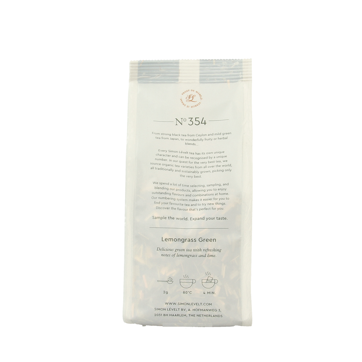 Simon Levelt lemongrass green tea bio in a 90g package, featuring fresh lemongrass and green tea leaves in a natural, organic blend.