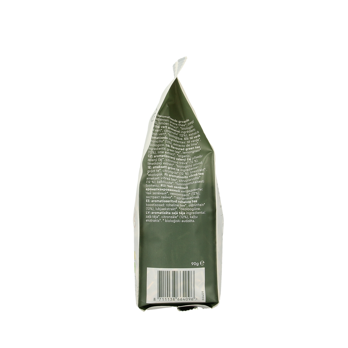 Simon Levelt Lemongrass green tea bio, 90g, in a package with fresh lemongrass and green tea leaves visible.