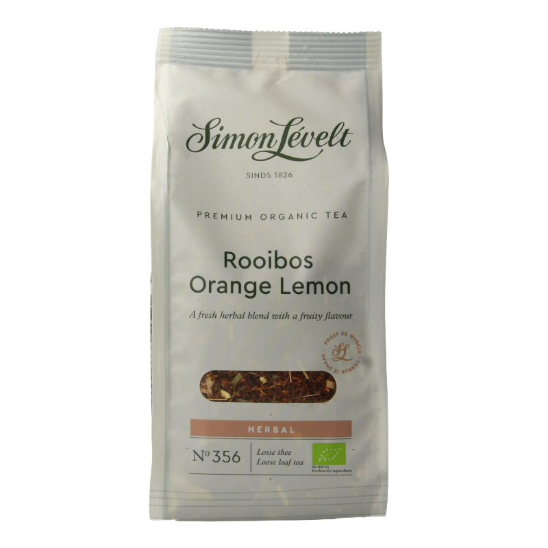Simon Levelt Rooibos orange lemon bio tea in 110g package, featuring a vibrant tea blend with citrus flavors.