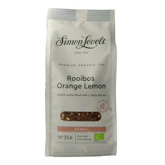 Simon Levelt Rooibos orange lemon bio tea in 110g package, featuring a vibrant tea blend with citrus flavors.