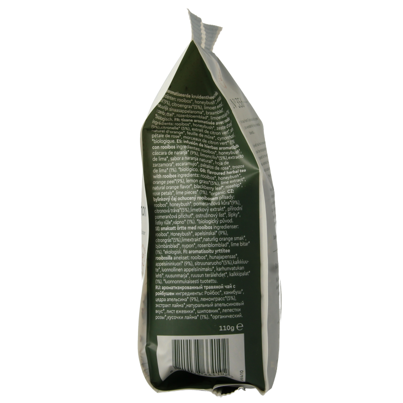 Simon Levelt Rooibos orange lemon bio tea in 110g package, featuring herbal tea with citrus and rooibos leaves.