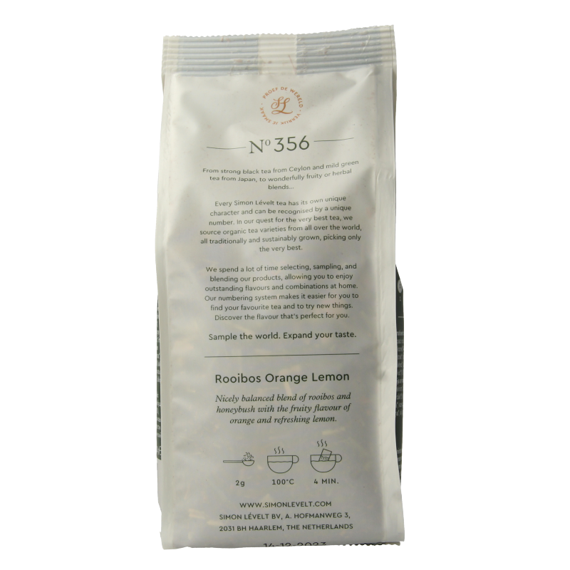 Simon Levelt Rooibos orange lemon herbal tea in 110g package, featuring vibrant orange and lemon flavor and natural ingredients.
