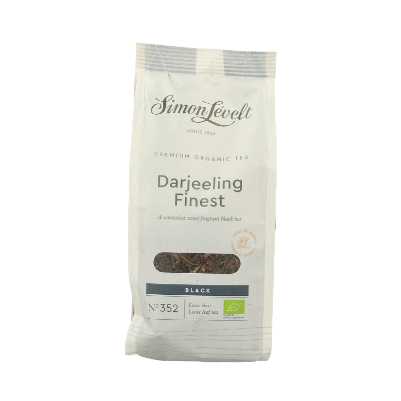 Simon Levelt Darjeeling bio tea in 90g package, fresh loose leaf tea with aromatic, high-quality Darjeeling flavor.