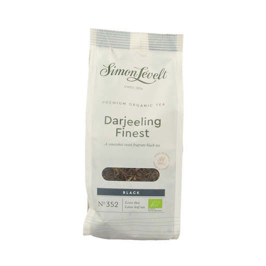 Simon Levelt Darjeeling bio tea in 90g package, fresh loose leaf tea with aromatic, high-quality Darjeeling flavor.