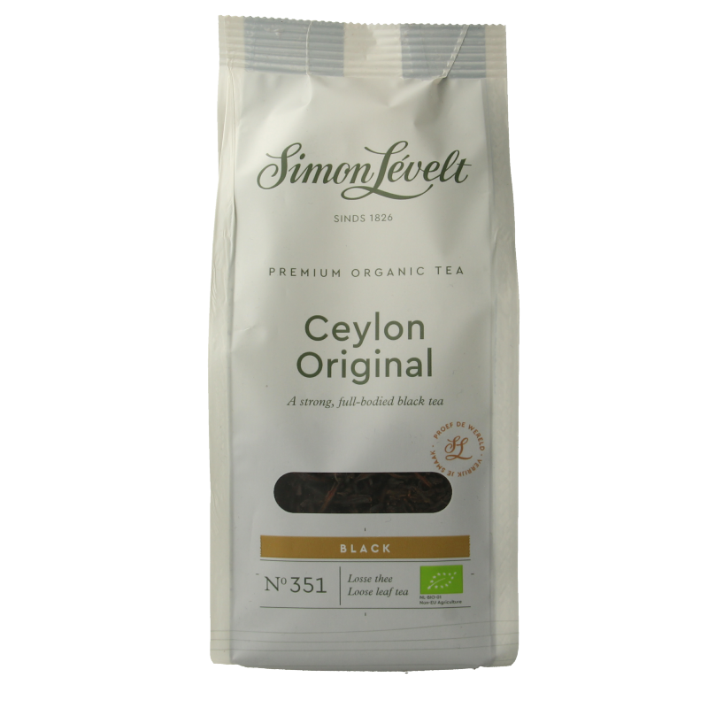 Simon Levelt Ceylon bio coffee and tea in a 90g package, featuring natural Ceylon tea leaves and coffee beans.